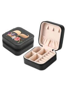 1pc Mini Floral Alphabet Jewelry Storage Box, A-Z Gold Letters, Portable Zipper Travel Jewelry Storage Box, Gift Box For Women, Multi-Function Jewelry Display Stand For Rings, Pendants, Earrings, Necklaces, Etc. - Suitable For Women, Mother, Girlfriend, Valentine's Day Gift Box.