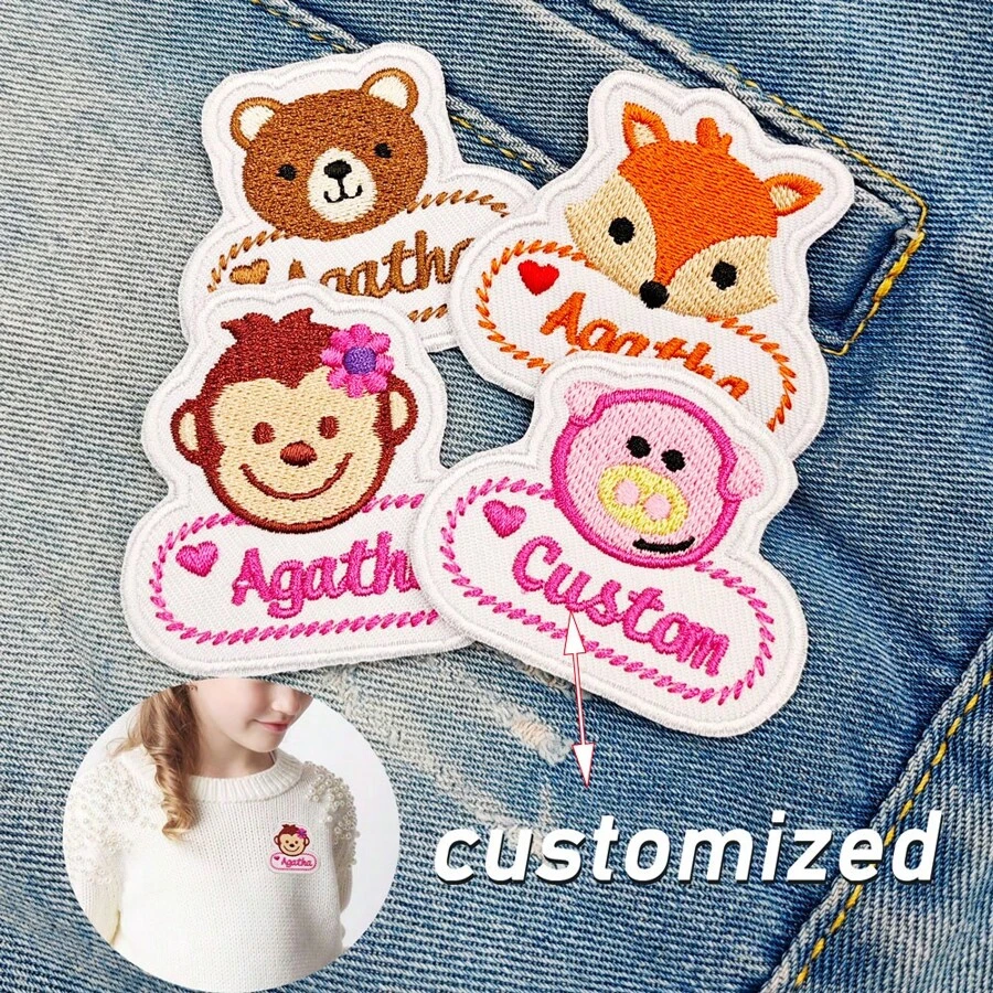 Custom Cute Animals Name Patch, 2pcs Personalized Embroidered Name Tag, Sew On/Iron On Patches Suit For Clothing Uniform Work Shirt School Uniform