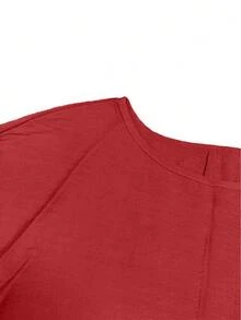 Women's Summer Elegant Set, Fashion Casual Vacation Daily Commute Versatile Solid Crew Neck Top Blouse & High Waist Loose Wide Leg Elastic Waist Pants 2 Pieces Set - Red - View 3