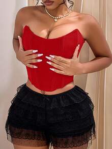 Women's Retro Strapless Sheer Mesh Corset Crop Top, Sexy Backless Camisole For Music Festival, Valentine's Day, Wedding Season - Red - View 4