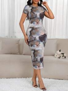 SHEIN Lady Đầm xẻ tà cổ tròn in họa tiết nhuộm màu thanh lịch ôm vừa hông cho nữ - Nhiều màu - Xem 4