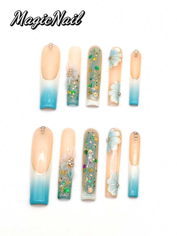 10 Pieces Of Pure Hand-Pressed Wearing Nails, Press On Nails,55mm Long Nail Pieces, Flesh-Colored White And Blue Gradient, Hand-Kneaded White Raised Petals With Rhinestone Stamens, Hand-Painted White And Blue Gradient Flowers With Rhinestone Stamens, Green And Yellow Glitter Glitter Pink Decoration. Spring And Summer Style, Cute Nail Pieces Have An Artistic Atmosphere.