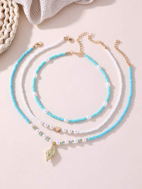3pcs/Set Beaded Heart And Seashell Necklace Set For Teenage Girls
