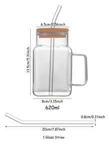 1pc Square Glass Cup With Handle, Glass Cup With Bamboo Lid And Glass Straw, Transparent Beverage Cup, Iced Coffee Cup, Beverage Can, Juice Wide Mouthed Cup, Tea, Milkshake, Reusable Tableware, For Home And Office Use, Adult, Male And Female Gifts