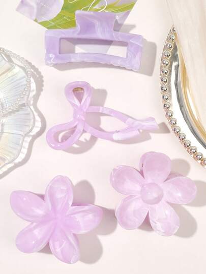 4 件套春夏波西米亚风浅紫色混色大理石印花蝴蝶结，雏菊花方形发夹，海滩/度假发饰发夹发夹发夹发夹时尚发夹秋冬
