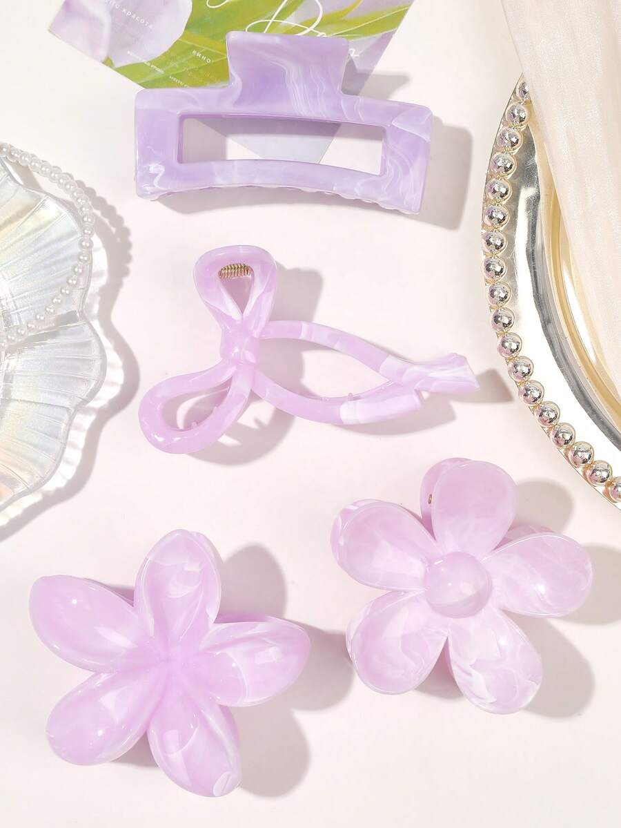 4 件套春夏波西米亚风浅紫色混色大理石印花蝴蝶结，雏菊花方形发夹，海滩/度假发饰发夹发夹发夹发夹时尚发夹秋冬 - 彩色 - 查看 1