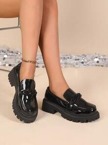 Czarne buty na obcasie Mary Jane, małe skórzane buty, proste, okrągłe, zapinane na klamrę buty na platformie