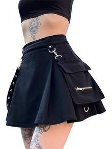 Ruolai Goth Black Pleated Mini Skirt With Chain High Waisted Tennis Skirt - 黑色 - 查看 1