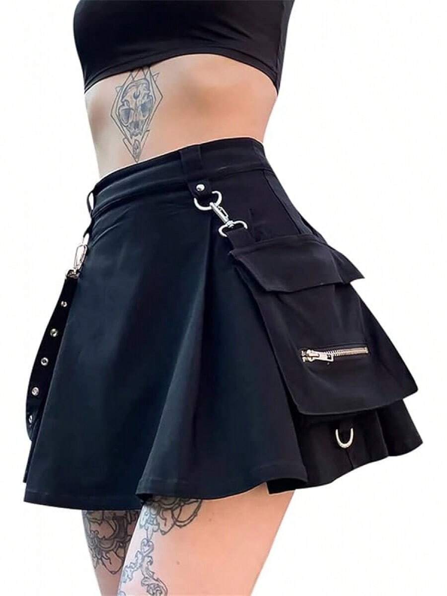 Ruolai Goth Black Pleated Mini Skirt With Chain High Waisted Tennis Skirt - 黑色 - 查看 1