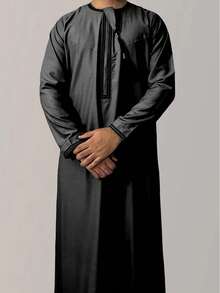 New Solid Color Round Neck Embroidered Tasseled Abaya Robe, Long Sleeve Arabian Saudi Men Robe - Black - View 8