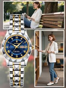 POEDAGAR 1件装女士奢华不锈钢防水夜光日期星期石英表，优雅女士腕表，适合日常佩戴和节日礼物 - 藍色 - 查看 11