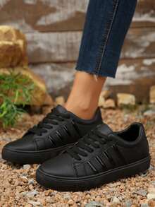女式新款户外休闲徒步百搭条纹系带圆头黑色运动鞋 - 黑色 - 查看 3