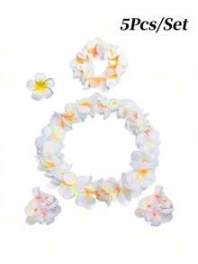 5 件/套，夏威夷花环头带腕带鸡蛋花发夹热带卢奥项链头饰手链花发夹发带女士婚礼夏季海滩生日装扮派对装饰用品