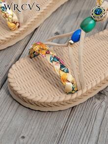 WRCVS 米色凉鞋 女士平底波西米亚风编织凉鞋，轻便防滑沙滩鞋，随机编织图案，波西米亚风度假凉鞋，春夏穿搭 - 米色 - 查看 7