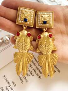 1 对复古时尚独特金鱼设计电镀吊坠耳环，适合女性日常、节日佩戴、珠宝配饰礼物 - 耳環 - 查看 8