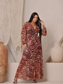 Zebra Long Sleeve Dress - 摩卡棕 - 查看 3