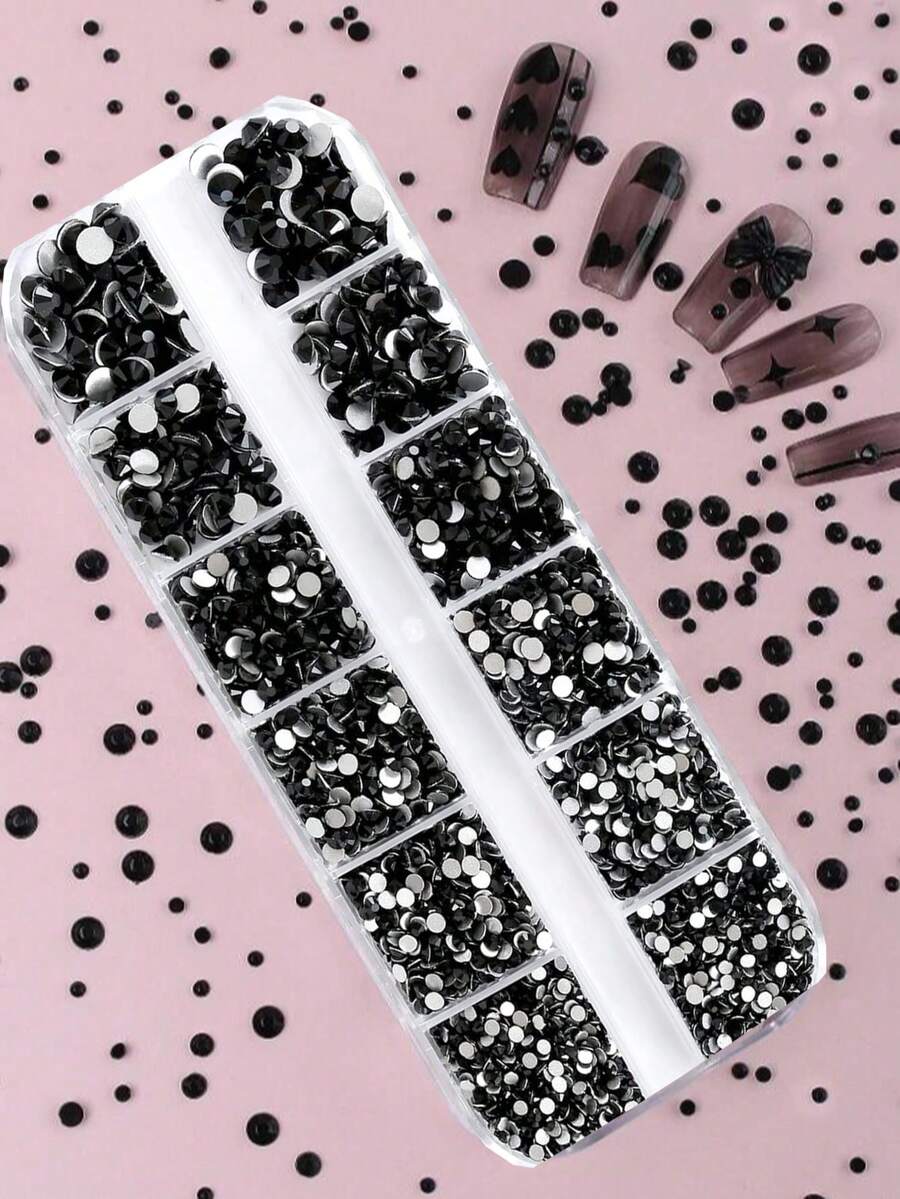 6 Kích cỡ 12 Lưới Đá Rhinestone Đen 3D Đá Quý Phẳng Mặt Sau, Đá Quý Nghệ Thuật Làm Móng 2Mm-6Mm Cho Nghệ Thuật Làm Móng, Quần Áo, Khuôn Mặt, Đồ Thủ Công Làm Móng, Phụ Kiện Làm Móng, Mặt Dây Chuyền Làm Móng - màu đen - Xem 1