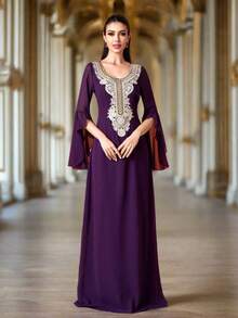 Women Square Neck Long Sleeve Slit Embroidered Maxi Dress,Party Dress,Gown,Formal,Evening,Wedding Guest - Purple - View 1