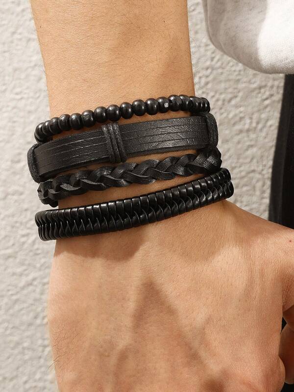 4pcs/Set Men's Woven Leather Bracelet Punk Style Multi-Layered Adjustable Cuff Wristbands, Suitable For Daily Wear