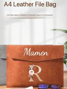 1pc Customized Name & Initial PU Leather Document Bag - Waterproof Magnetic A4 File Folder, Large Capacity Office & School File Organizer, Personalized Birthday Or Christmas Gift, Office Storage