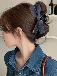 Denim Bow Ribbon Hair Clip - Stylish Black Fabric Accessory, Versatile For Parties & Birthdays, Ideal Mother'S Day Gift Hair Claws Claw Clips Hair Clips Hair Jaw Clip Hair Clamps Hair Clutch Hair Catcher Clip Fashion Hair Accessories