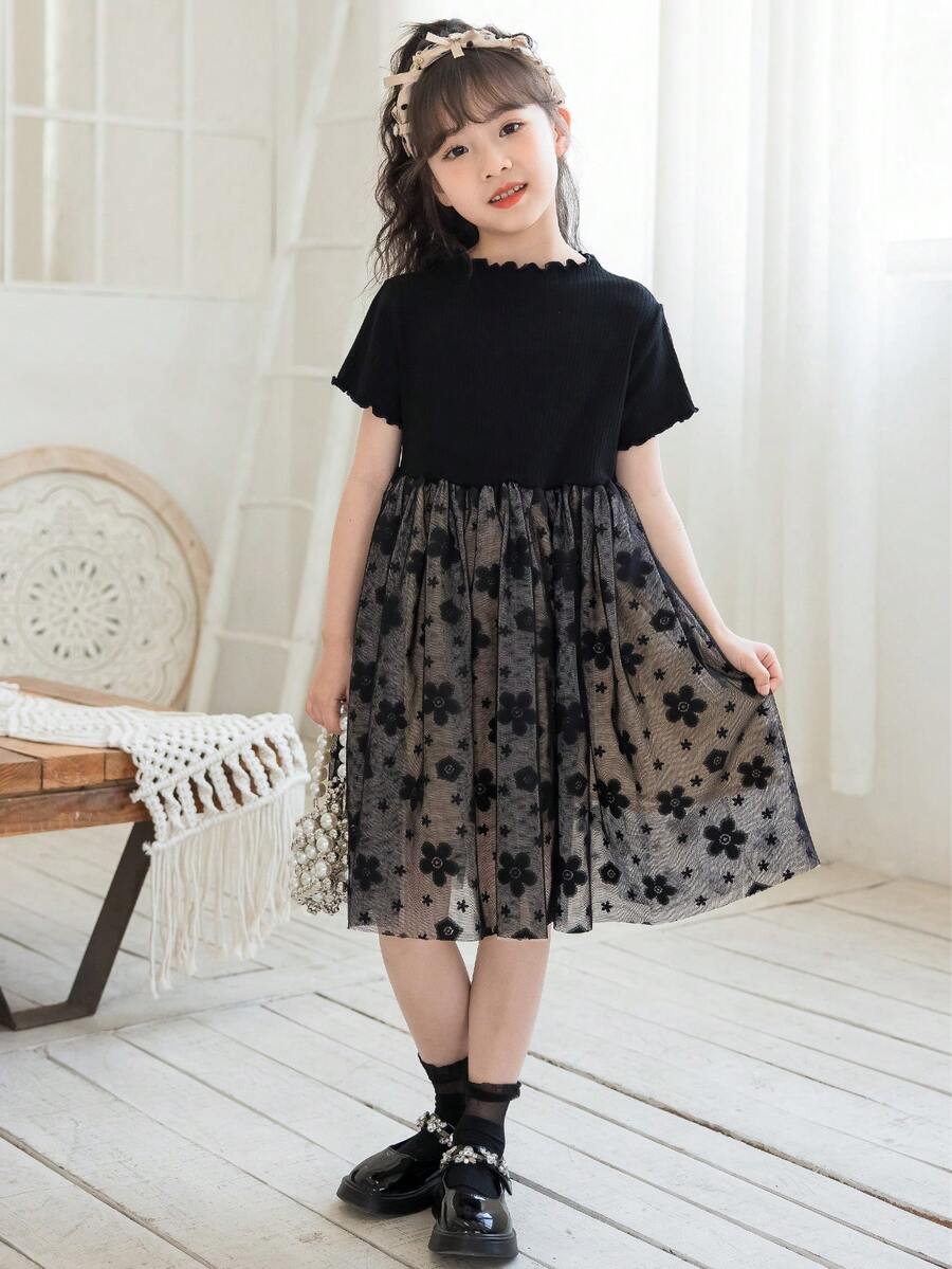 Vestido corto de manga corta de tul para niñas, verano - Negro - Ver 1