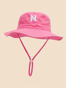 1 件儿童心形和字母印花太阳帽，休闲风格，配有可调节防风绳，婴儿渔夫帽，适合户外海滩防晒 - 深粉-貼片字母 - 查看 34