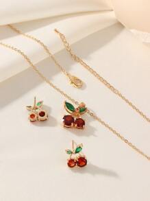1 pieza Juego de joyas de aleación de cobre con circonita, simple y bonito con diseño de cereza, adecuado para uso diario y como regalo festivo