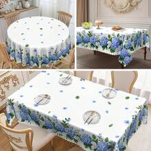 1pc Hydrangea Floral Round Tablecloth - Polyester Material, Watercolor Blue Floral Design, Suitable For Spring/Summer Picnic, Dinner Party And June Celebration Decoration, Standard Size (55"X70", 60"X60", 60"X86"), Outdoor Tablecloth, Picnic Table Cover, Elegant Dining Table Decor, Polyester Fabric, Easy Care Material, Home Decoration, Event Styling