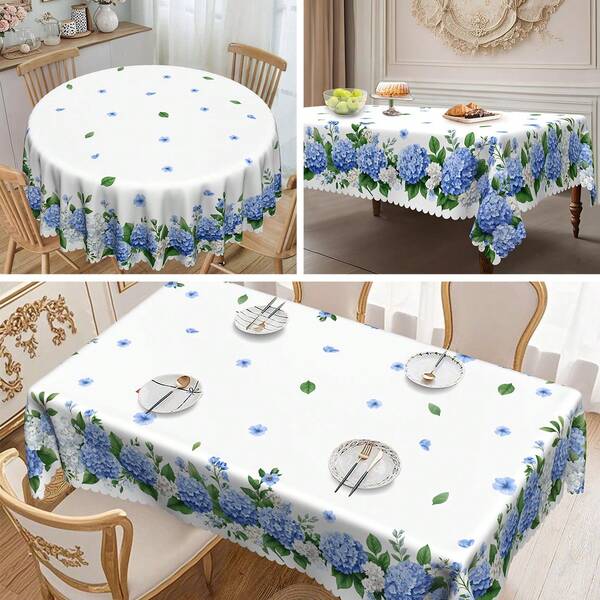 1pc Hydrangea Floral Round Tablecloth - Polyester Material, Watercolor Blue Floral Design, Suitable For Spring/Summer Picnic, Dinner Party And June Celebration Decoration, Standard Size (55"X70", 60"X60", 60"X86"), Outdoor Tablecloth, Picnic Table Cover, Elegant Dining Table Decor, Polyester Fabric, Easy Care Material, Home Decoration, Event Styling