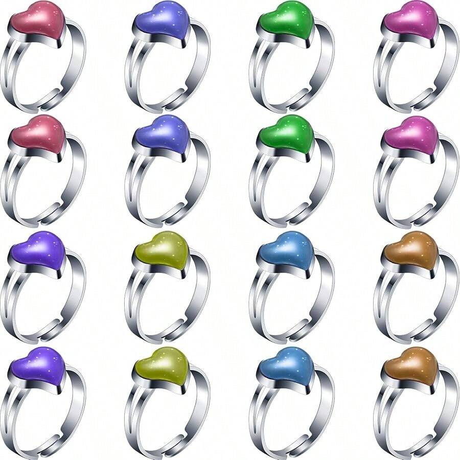 16 Pcs Adjustable Mood Rings Mixed Color Heart Shape Changing Mood Rings For Girls Boys Kids Emotion Feeling Finger Accessories Costume Props Children's Day Birthday Party Favors - Multicolor - View 1