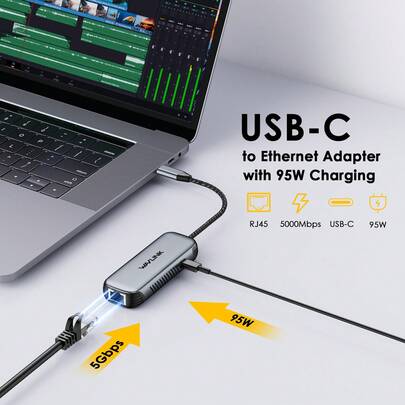 USB-C 以太网适配器，支持 95W 功率输出，RJ45 5Gbps 传输速度，即插即用，便携式设计，适用于笔记本电脑和台式机，铝合金外壳，灰色，兼容 Windows 10/11 及更高版本操作系统，Linux 系统。