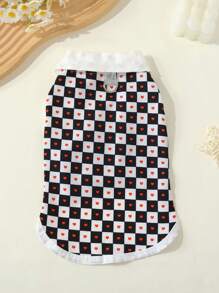 1 pieza Camisa con bloque de color transpirable, diseño de cuello y estampado de corazón, ropa para perros pequeños, argolla para correa, ligera para verano