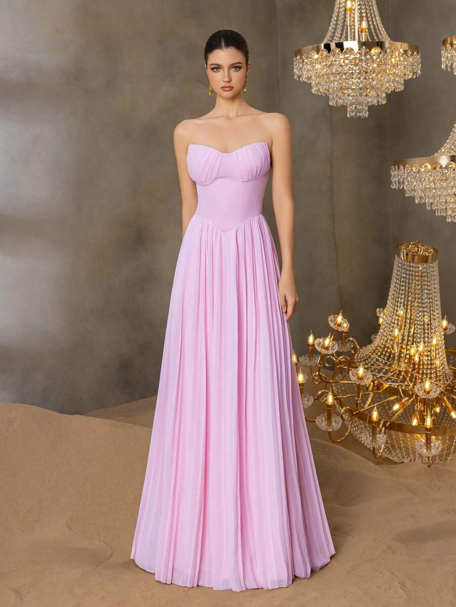 Elisanya 优雅心形领口连衣裙，胸部线条立体，鱼骨纹缝线设计——飘逸的褶裥雪纺裙摆，适合春夏正式场合（柔和粉色调，百搭婚礼及晚宴礼服）夏季连衣裙 春季服装 派对 - 粉色 - 查看 1