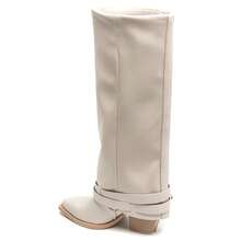 Women's Plain Pointed Toe Zipper Fashion Mid-Calf Boots With Buckle - Beige - View 3