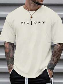 Men's Casual Letter Print Crew Neck Short Sleeve T-Shirt, Summer - 杏色 - 查看 1