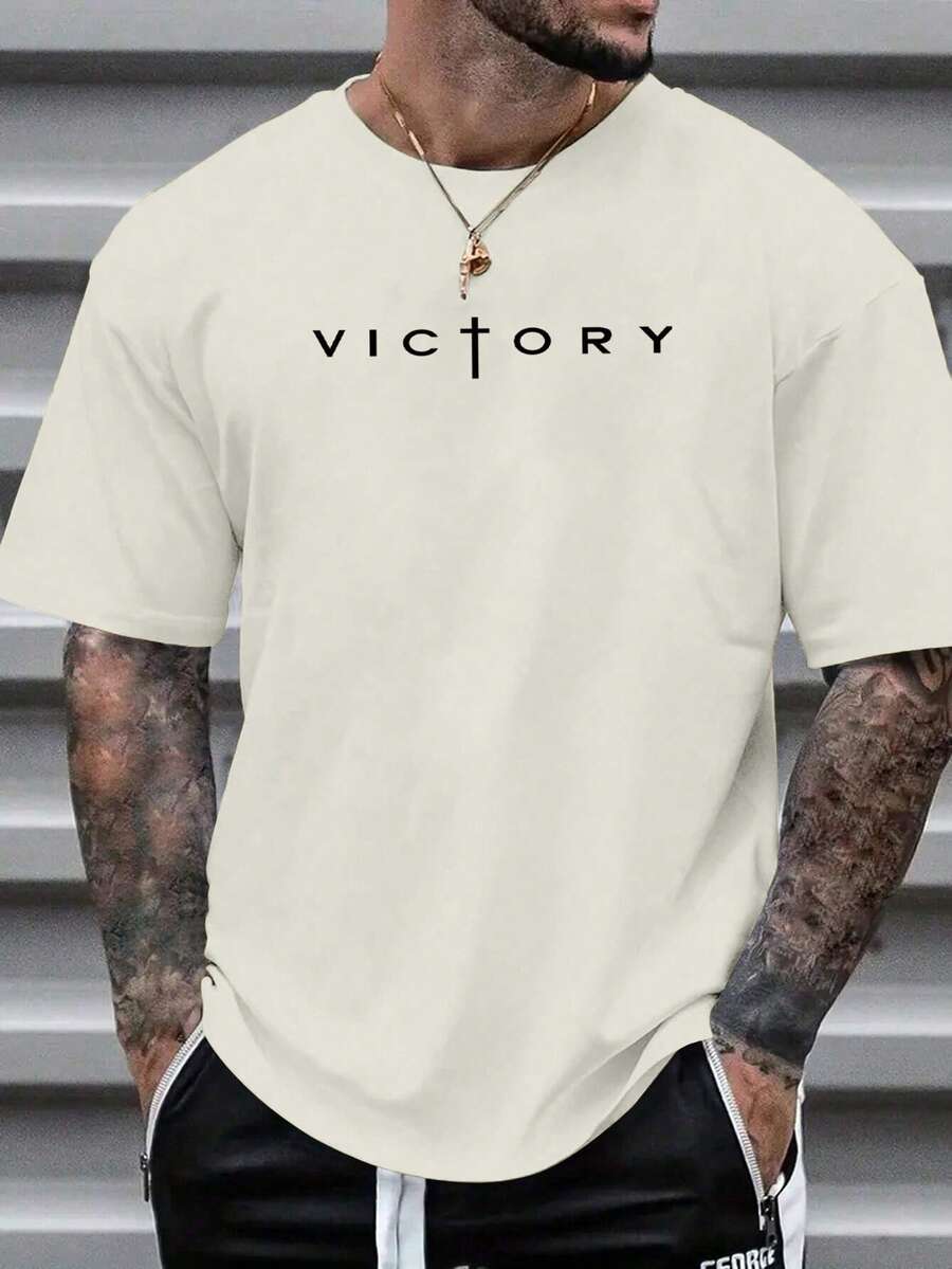 Men's Casual Letter Print Crew Neck Short Sleeve T-Shirt, Summer - 杏色 - 查看 1