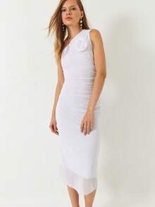 Elegant Solid Color 3D Floral Decor Sleeveless Bodycon Dress, Summer - White - View 5