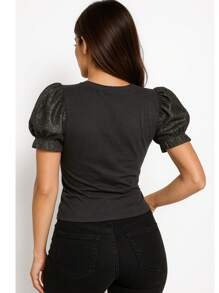 Blusa Camiseta Mujer Elegante Sexy Manga Farol Corta Decorativas con Brillos Cuello Redondo Reunion Primavera Verano Moda