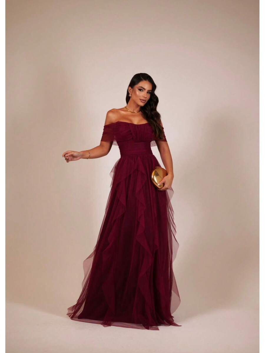 Off Shoulder Tiered Prom Dress With Subtle Shine. Elegant Zipper Wedding Party - Gỗ đỏ - Xem 1