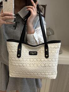 1 件黑色尼龙面料顺滑拉链铆钉镂空图案设计时尚百搭休闲夏季新款小众大容量单肩托特包，适合女士日常使用 - 黑色 - 查看 2