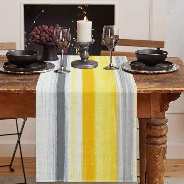 Yellow Abstract Table Flag, Modern Gray White Striped Restaurant Decoration Kitchen Coffee Table Family Dinner Holiday Party Wedding Event Decoration