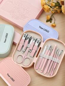 绿色14件套美甲套装不锈钢修脚套装男女指甲钳8件合1专业护理工具防溅指甲套装包括便携式脚趾甲剪、眉毛、挖耳勺，带黑色、蓝色、绿色、粉色收纳盒 - 淺粉色 - 查看 8