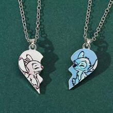 Disney Set Of 2 Disney Stitch Necklaces Designed For Couples, Featuring A Charming Heart Pendant And Magnetic Attraction, Perfect For Lovers.