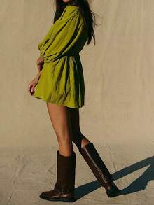 New Spring/Summer Elegant Fashion Sexy Deep V-Neck Puff Sleeve Casual Mini Dress For Women, Vacation Boho & Western & Tropical & Sun Dress