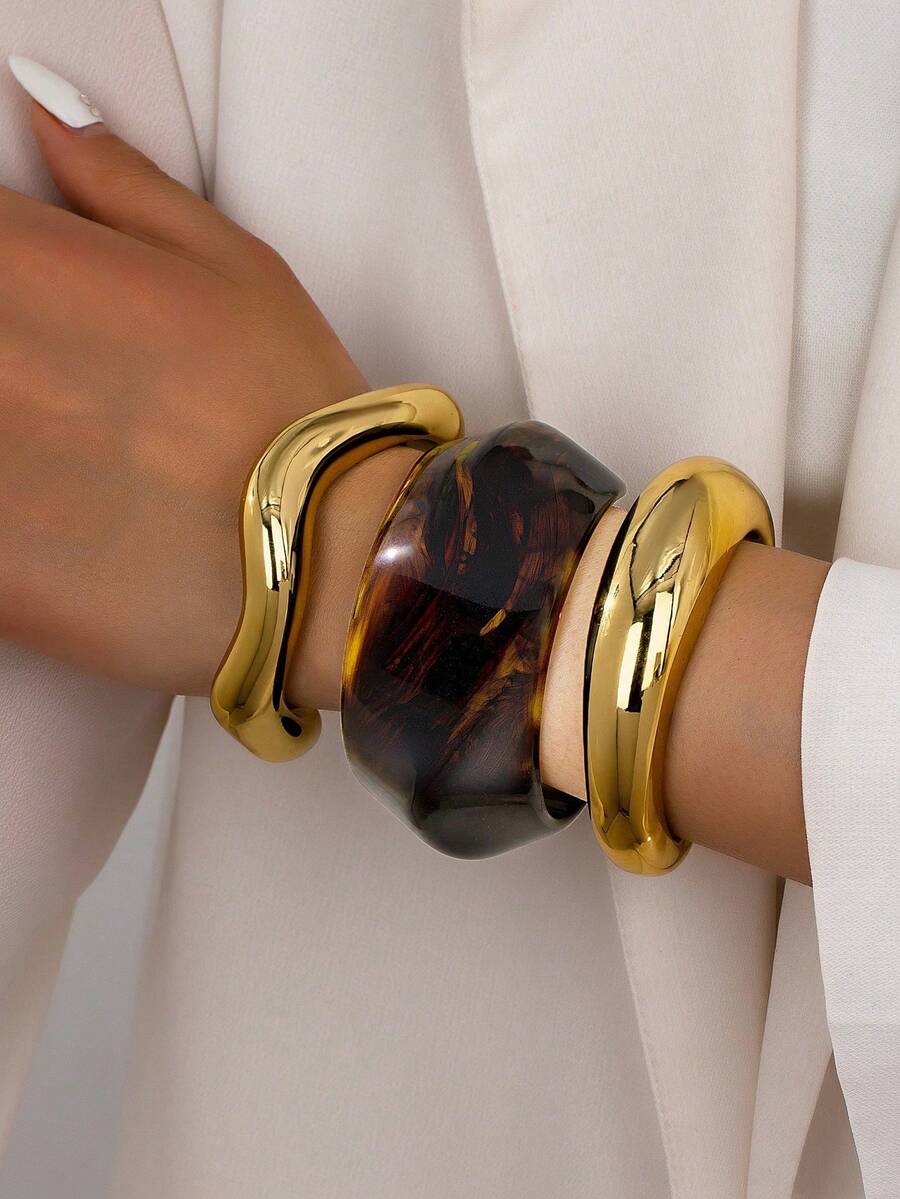 3 件树脂粗袖口手镯套装，超大夸张堆叠亚克力手镯套装，适合日常佩戴，女士基本款设计珠宝