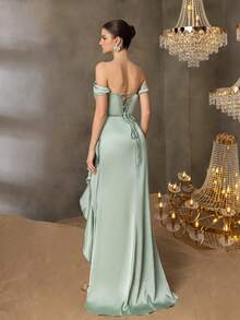 Faeriesty 优雅缎面晚礼服 - 露肩不对称下摆，侧开衩，荷叶边拖尾，时尚美人鱼轮廓，适合红毯盛宴、婚礼活动和正式晚宴 - 薄荷綠 - 查看 3
