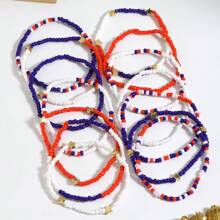 14pcs Handmade Elastic Beaded Bohemian Style Bracelets Set, Fashionable Independent Day USA Flag Color Beads Charm Bracelets, Suitable For Holiday Party And Daily Wear