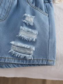 3pcs Set Tween Girls' Fashionable Outfit: Hollow Design Top, Camisole And Light Wash Distressed Denim Shorts