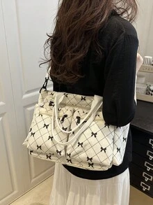 Túi đeo vai đơn giản nhiều ngăn màu trơn vải nhung kẻ Hobo Tote dành cho nữ, Túi đeo chéo thường ngày có sức chứa lớn, Túi đeo vai Satchel dùng cho du lịch ngoài trời, Túi mua sắm Satchel cổ điển Túi đựng máy tính đại học - Màu be - Xem 5